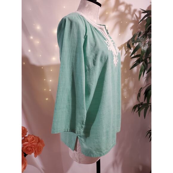 Talbots Womens Embroidered 100% Cotton Peasant Top Size MP Green Boho Hippie - Picture 4 of 9